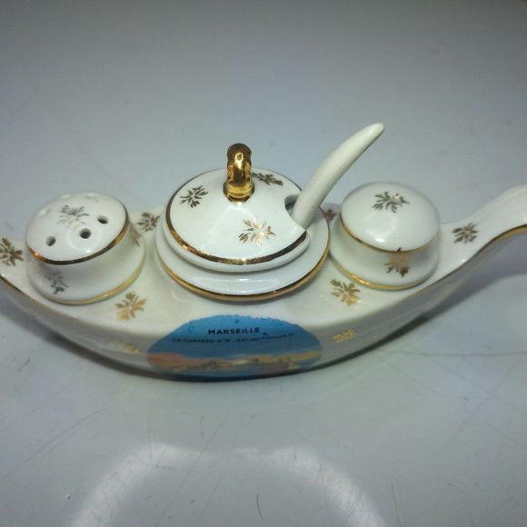 1960s vintage boat salt pepper mustard/jelly has spoon good shape what you see i - Picture 3 of 6